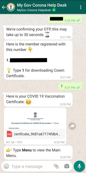 ऐसे डाउनलोड कर सकते हैं व्हाट्सएप से कोविड वैक्सीन सर्टिफिकेट: